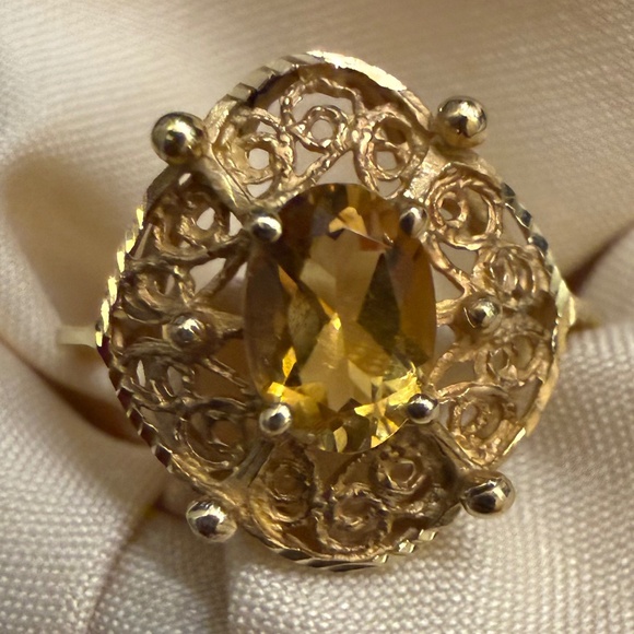 14k Yellow Gold Honey Citrine Filigree Ring Size 6.25 - Picture 1 of 7